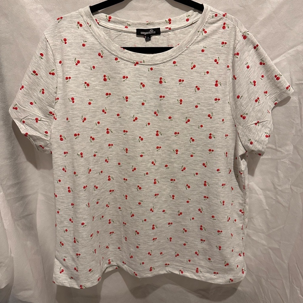 Sugar Kiss- Heathered Grey Cherry Print Short Sleeve Tee